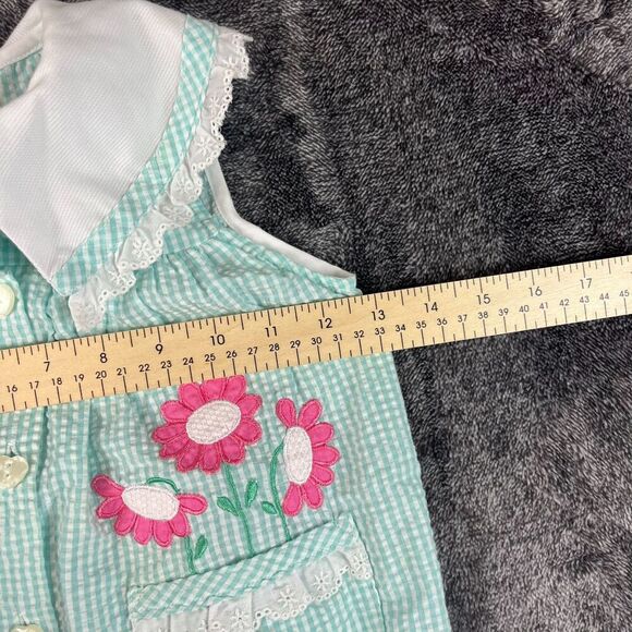 Vtg Copper Key Gingham Seersucker Peter Pan Collar Romper Girls 3T Floral - Picture 4 of 9